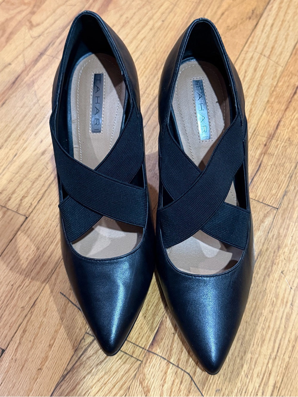 Tahari Black Pointed Toe Slingback Heels with Crisscross Straps